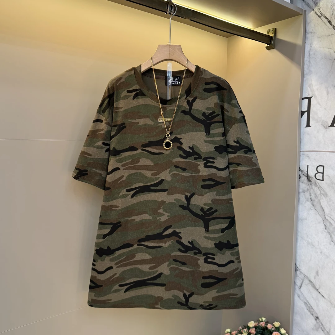 复古迷彩短袖t恤女2025新款夏季潮流休闲百搭设计感宽松上衣25333