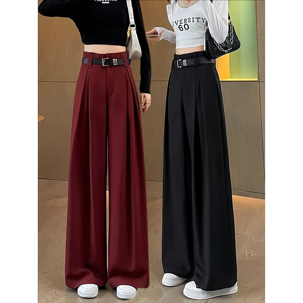 (送腰带)安可拉红西装阔腿裤女春季2025新款高腰显瘦休闲大腿裤子