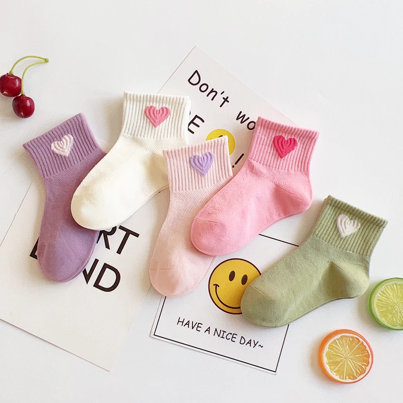 爱嘀嗒儿童袜子春季薄款网眼透气吸汗精梳棉韩版甜美爱心运动短袜