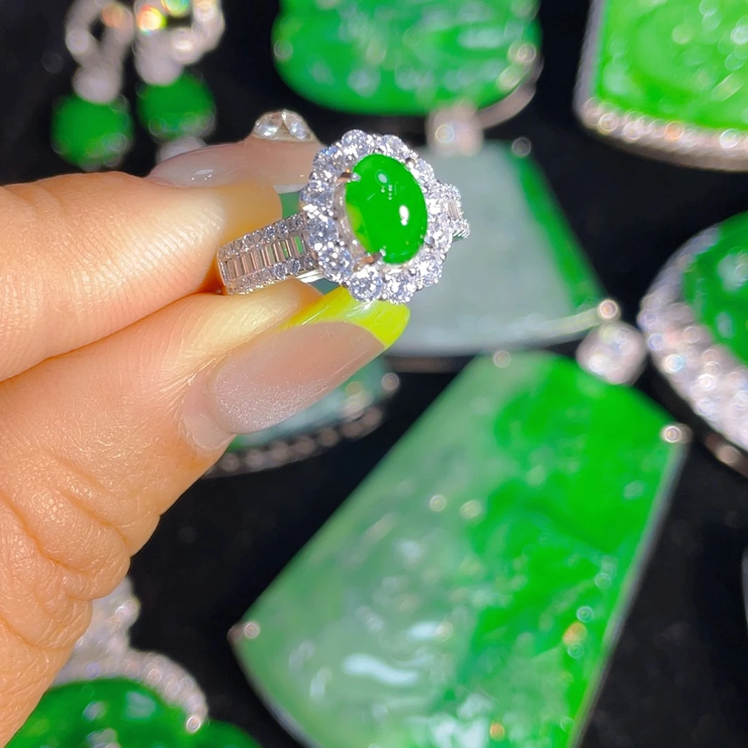 翡翠戒指银S925镶嵌天然