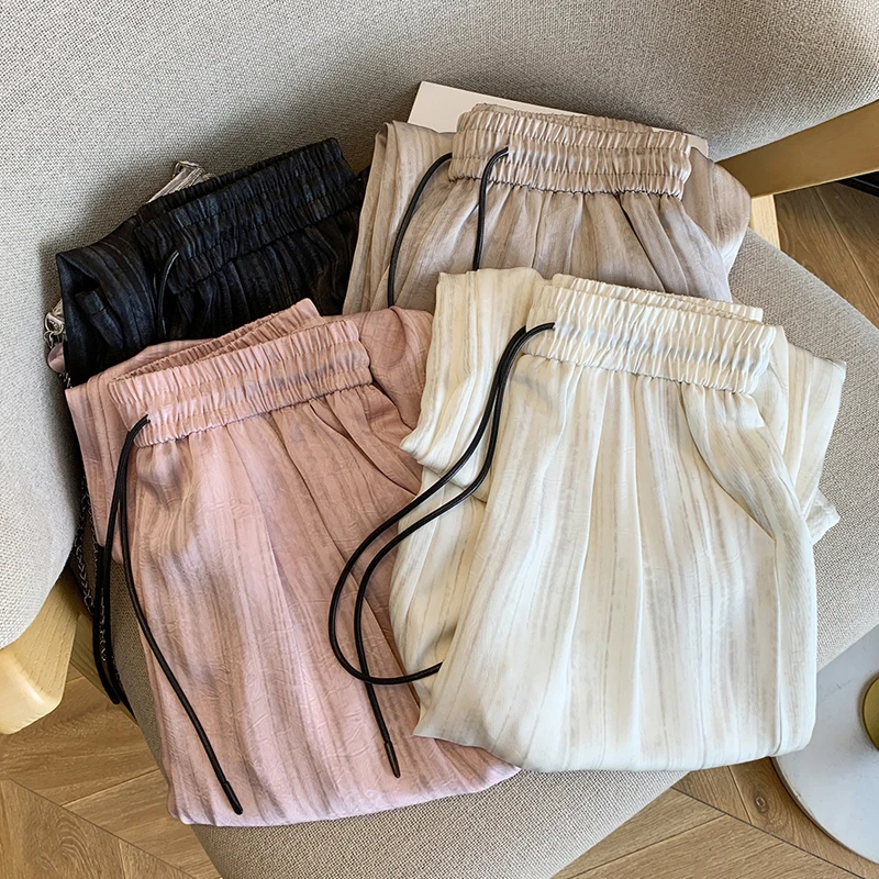 缎面白色阔腿休闲裤女夏季垂感宽松直筒裤子抽绳高腰拖地长裤T