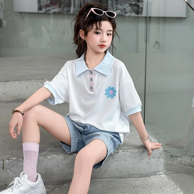 女童夏季学院风POLO衫短袖套装2025儿童韩系牛仔短裤小女孩两件套