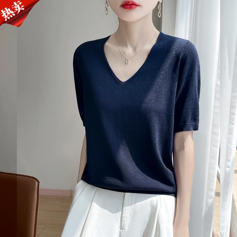 时尚品牌2025夏季新款简约通勤百搭V领针织衫宽松薄款短袖女上衣
