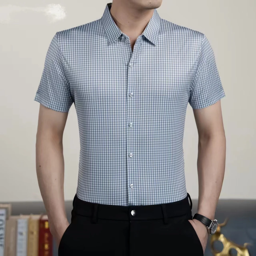 603冰丝灰格衬衫短袖中年男士商务休闲时尚薄款无痕职业衬衣