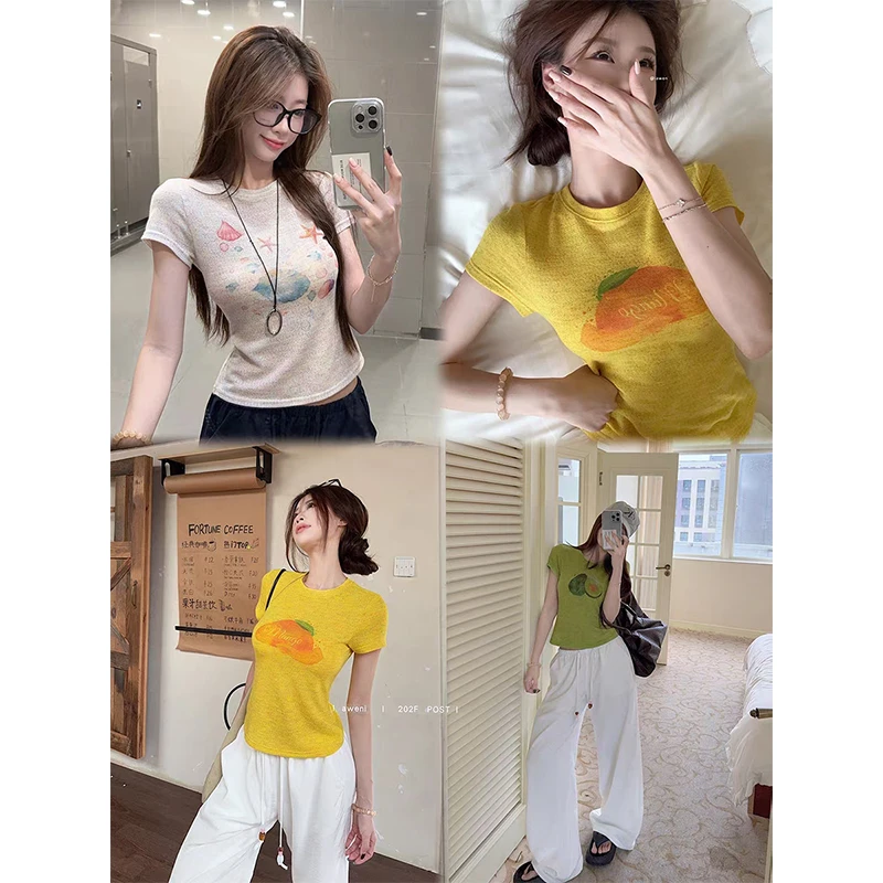 短款慵懒多巴胺印花短袖t恤女夏季小个子修身独特设计感漂亮上衣