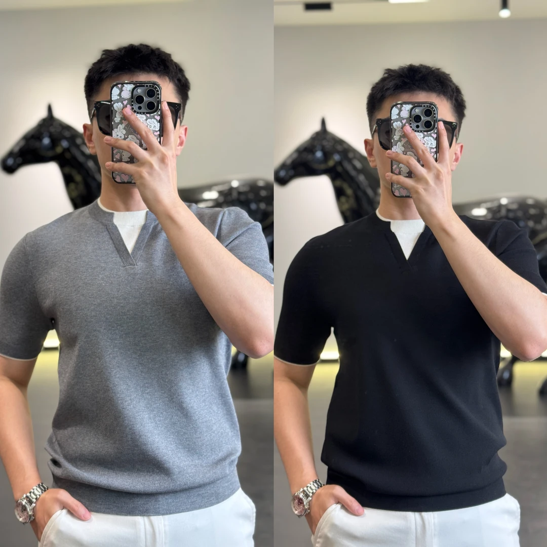 (秋款）古帝特尼“撞色”简约款拼接假两件休闲针织短袖HM-68708男