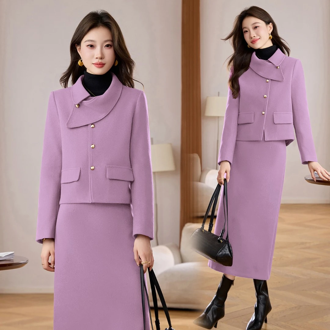 独特漂亮冬装一整套夹棉毛呢套装女2026秋冬新款超火半身裙两件套