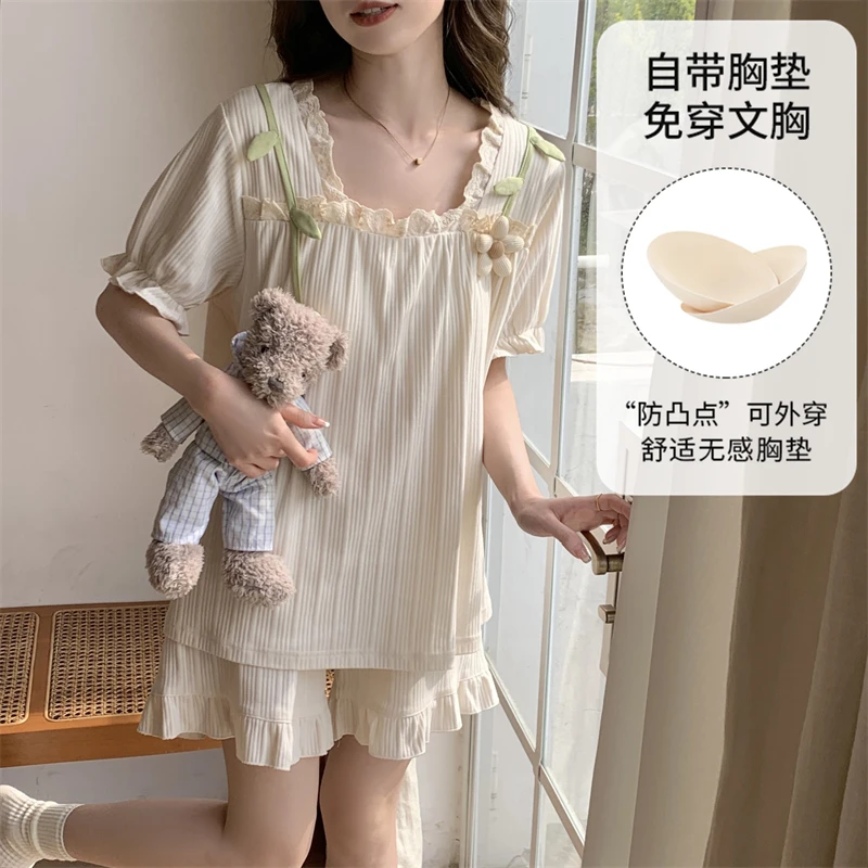 带胸垫睡衣女款夏季天2025新款短袖短裤公主风薄款夏款家居服套装