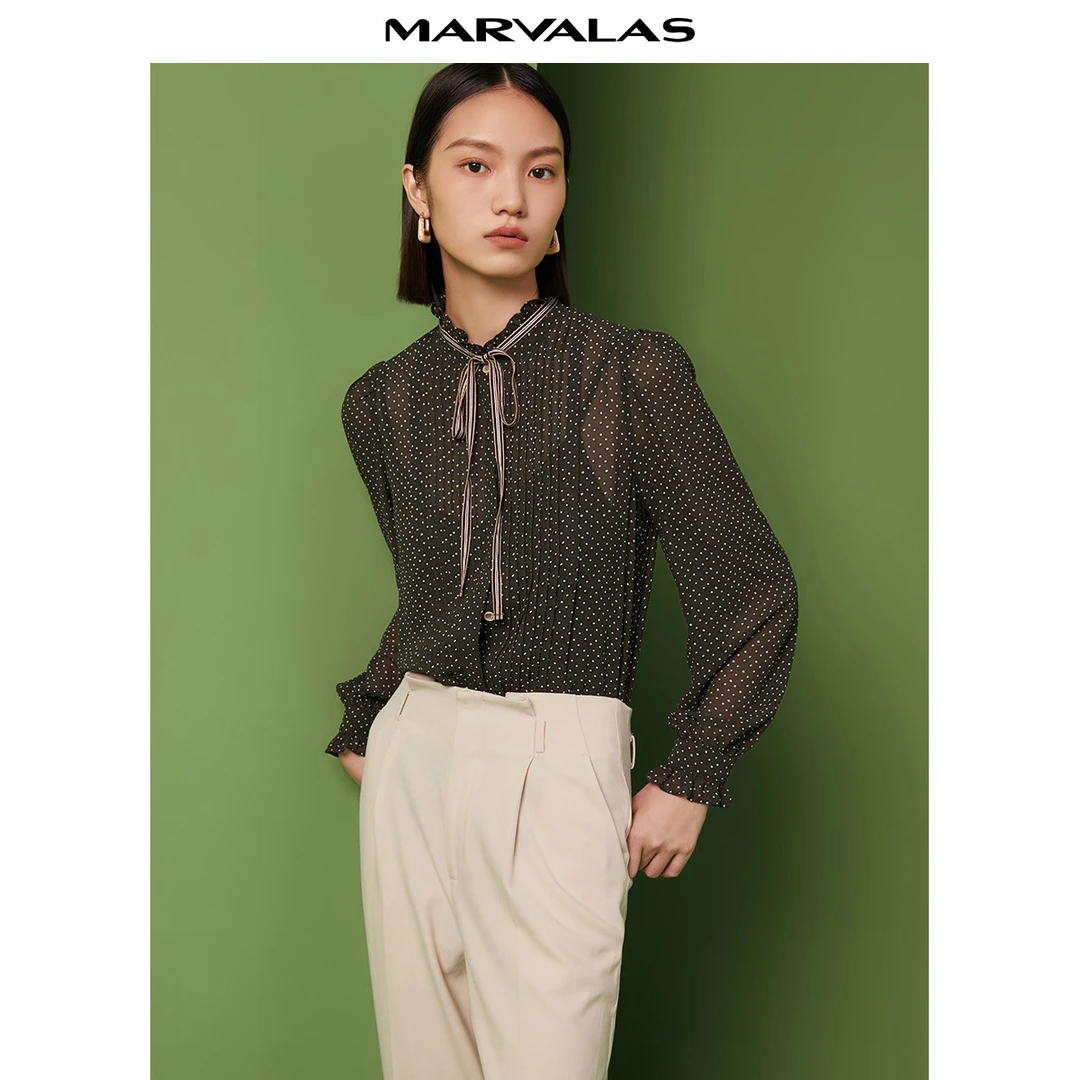 【小熊专属】曼德诗波点衬衫女法式复古设计感系带领衬M330033