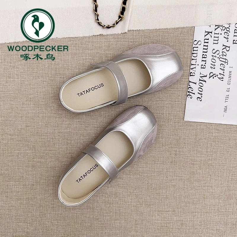 啄木鸟复古银色玛丽珍鞋女2025夏季新款浅口一字带单鞋配裙豆豆鞋