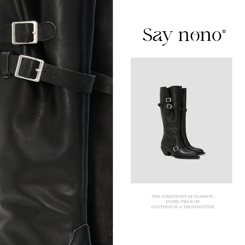 Say  nono  大筒围褶皱皮带扣粗跟高筒尖头时装靴4.5cm