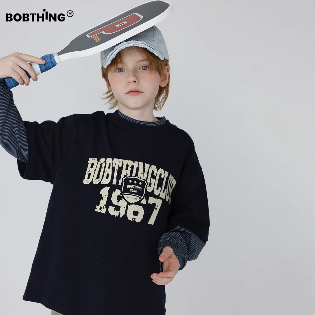 男童秋装条纹袖假两件字母美式卫衣长袖打底衫2025新款儿童上衣潮