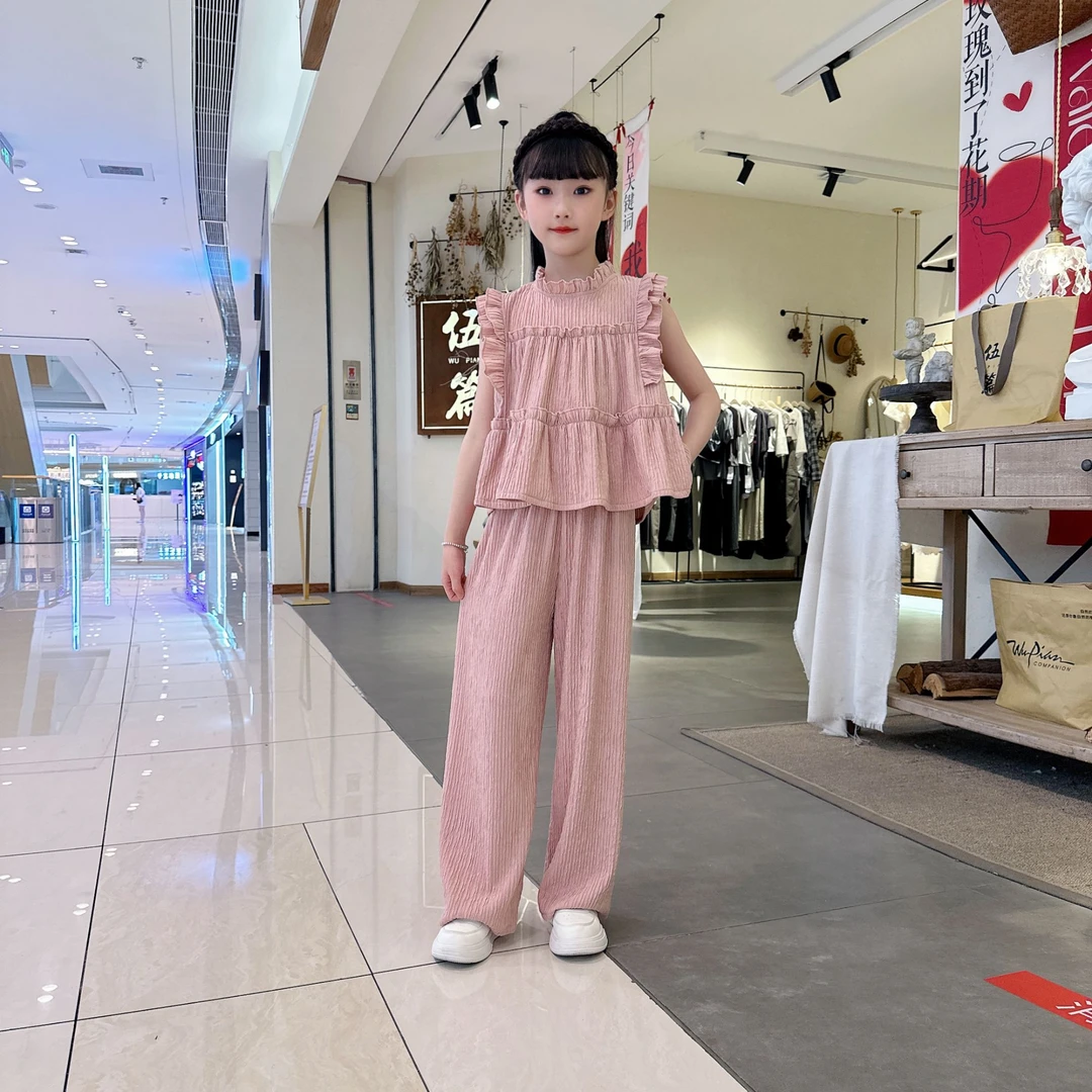 女童夏装韩系飞袖套装新款女中大童韩版洋气薄款女孩阔腿裤两件套