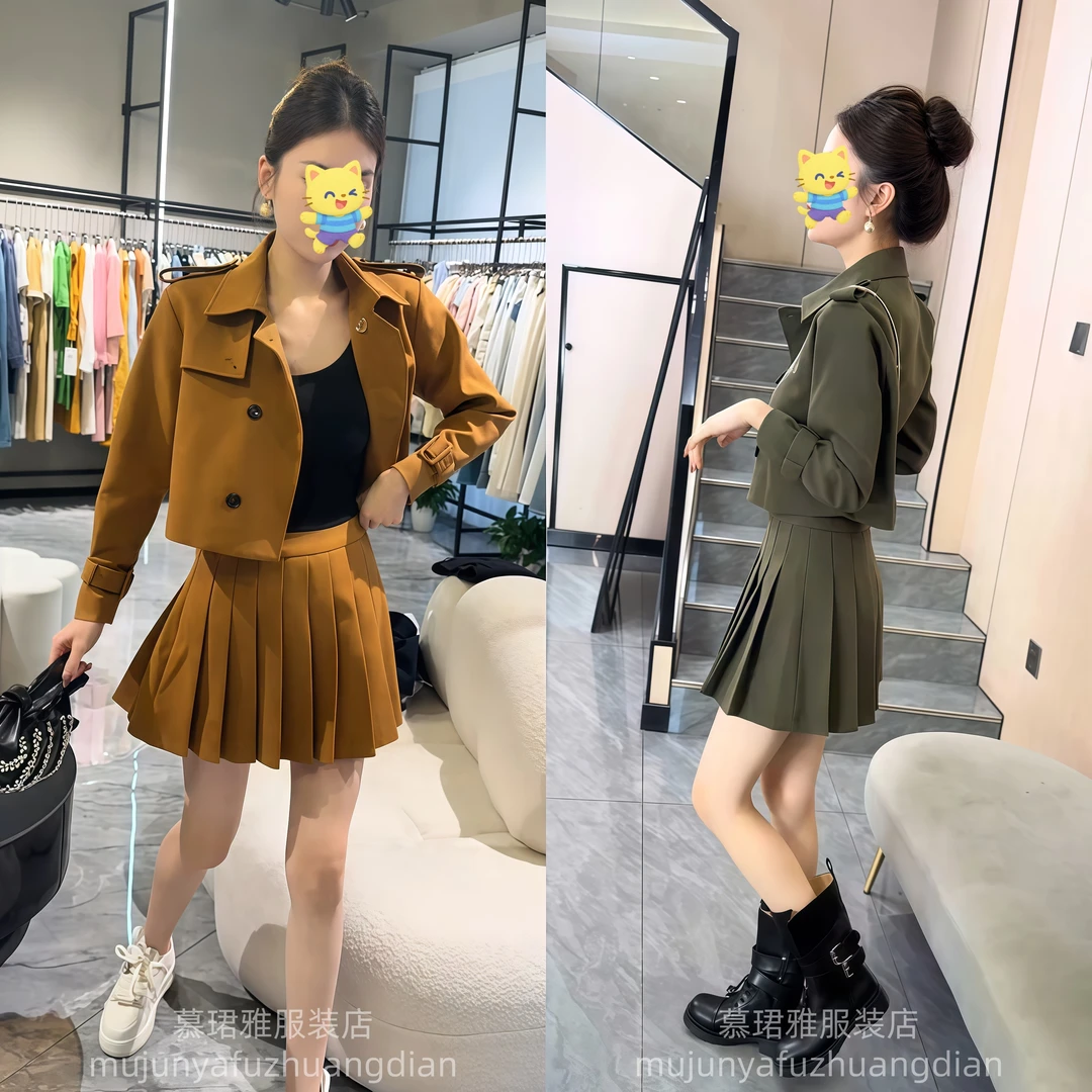 2025早秋新款洋气复古高级感时尚双排扣长袖西服外套百褶短裙套装
