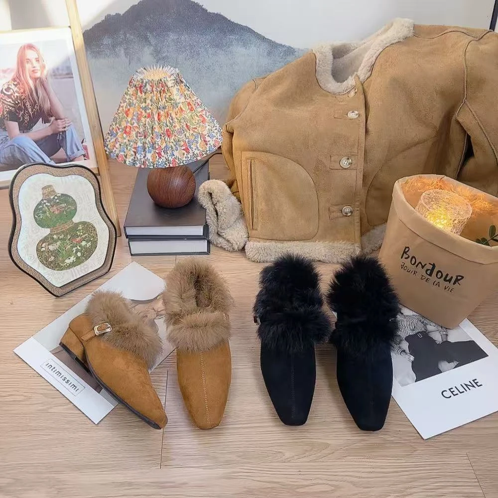 2988新款毛毛方头舒适百搭软底中跟小单鞋