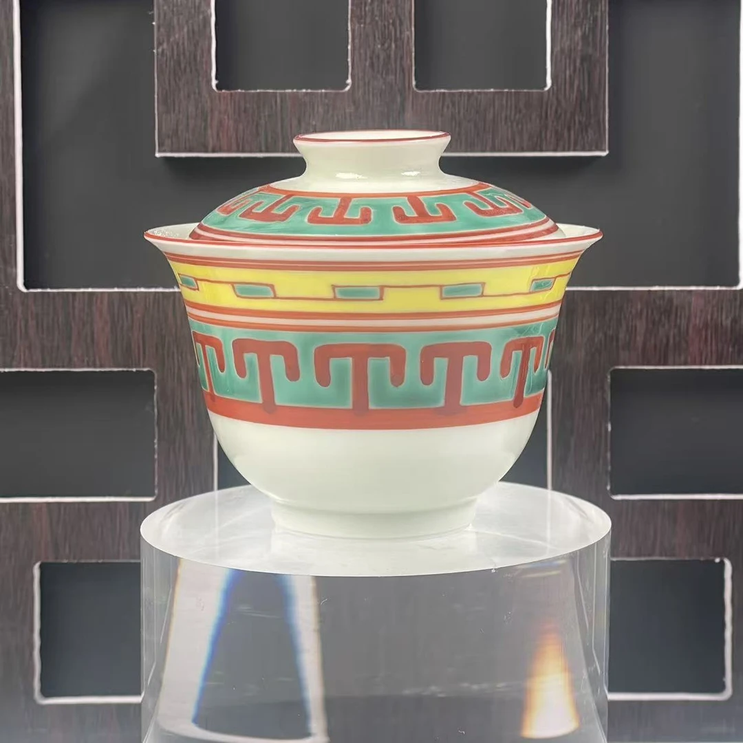 雨溪 红绿彩山字纹盖碗 00113