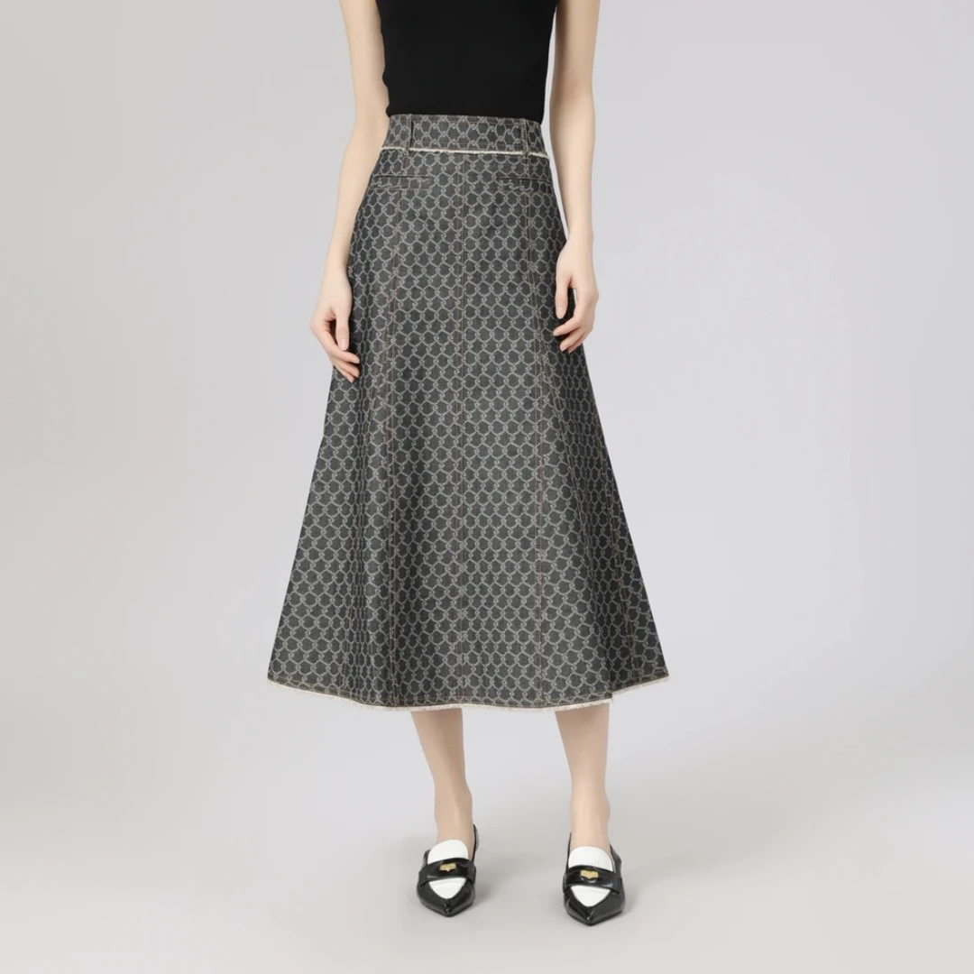 AMASS/阿玛施25年新款百搭中高腰半身裙黑色气质百褶格子裙520003