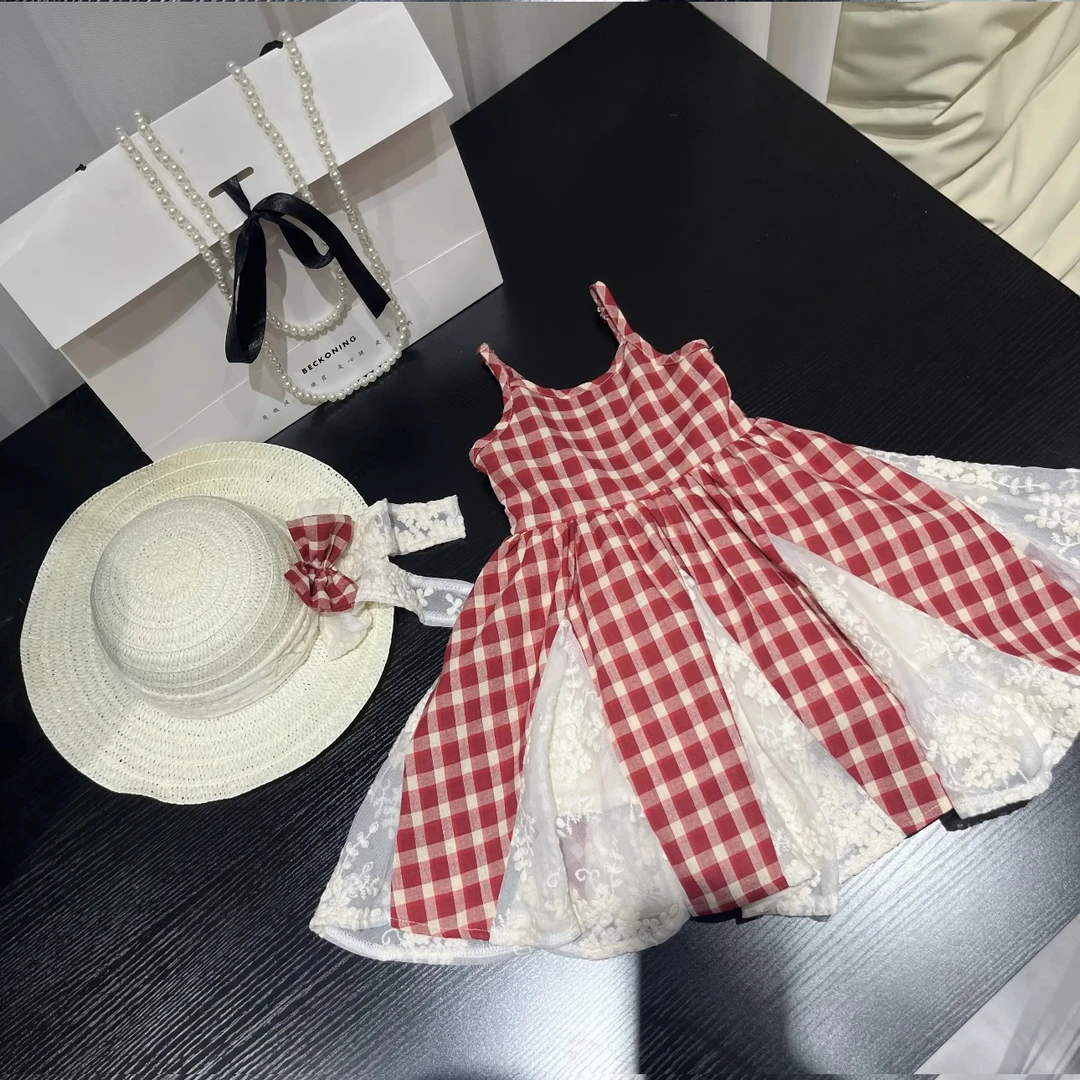 大栗子2025夏季新款格子度假裙女宝红色新款女童格子蕾丝连衣裙