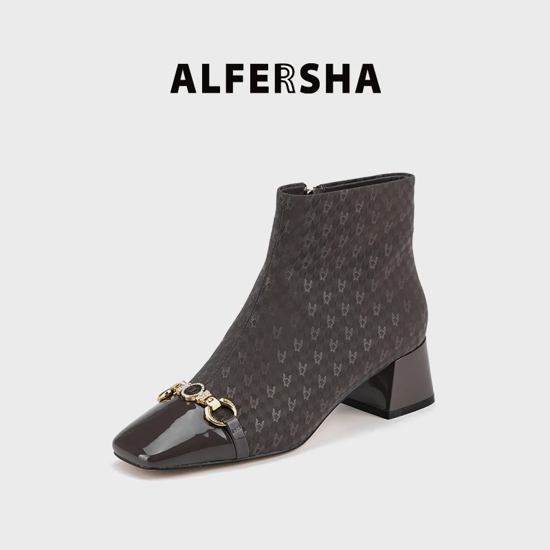 2025春款阿芙莎广系联名款923659百搭时尚尖头亮面粗跟法式短靴
