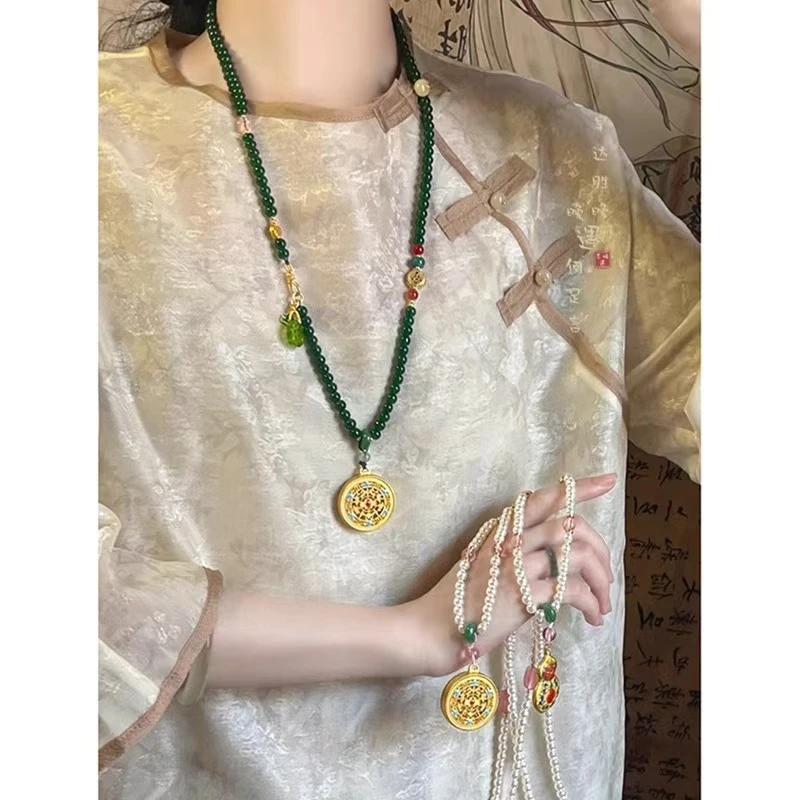 新中式复古圆牌串珠项链马面裙汉服氛围感配饰