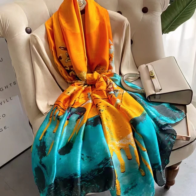 AA603丽景缎80*180高档气质大丝巾百搭时尚优雅印花长巾-橙色孔雀