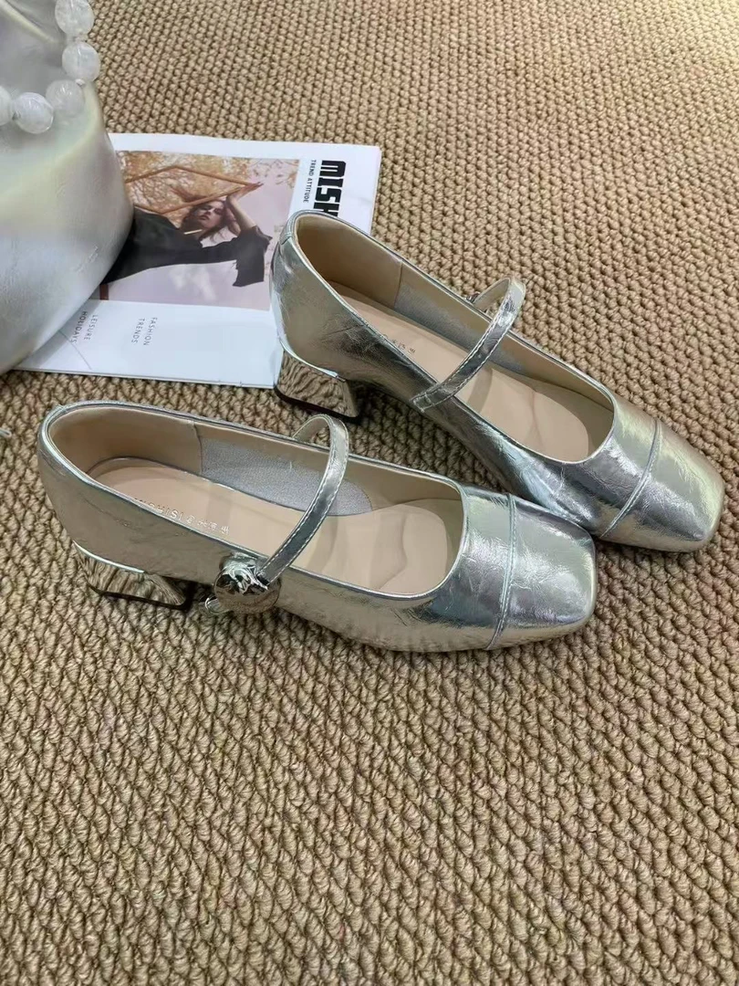 透气公主风浅口粗跟中跟薄款单鞋时尚方头温柔皮鞋