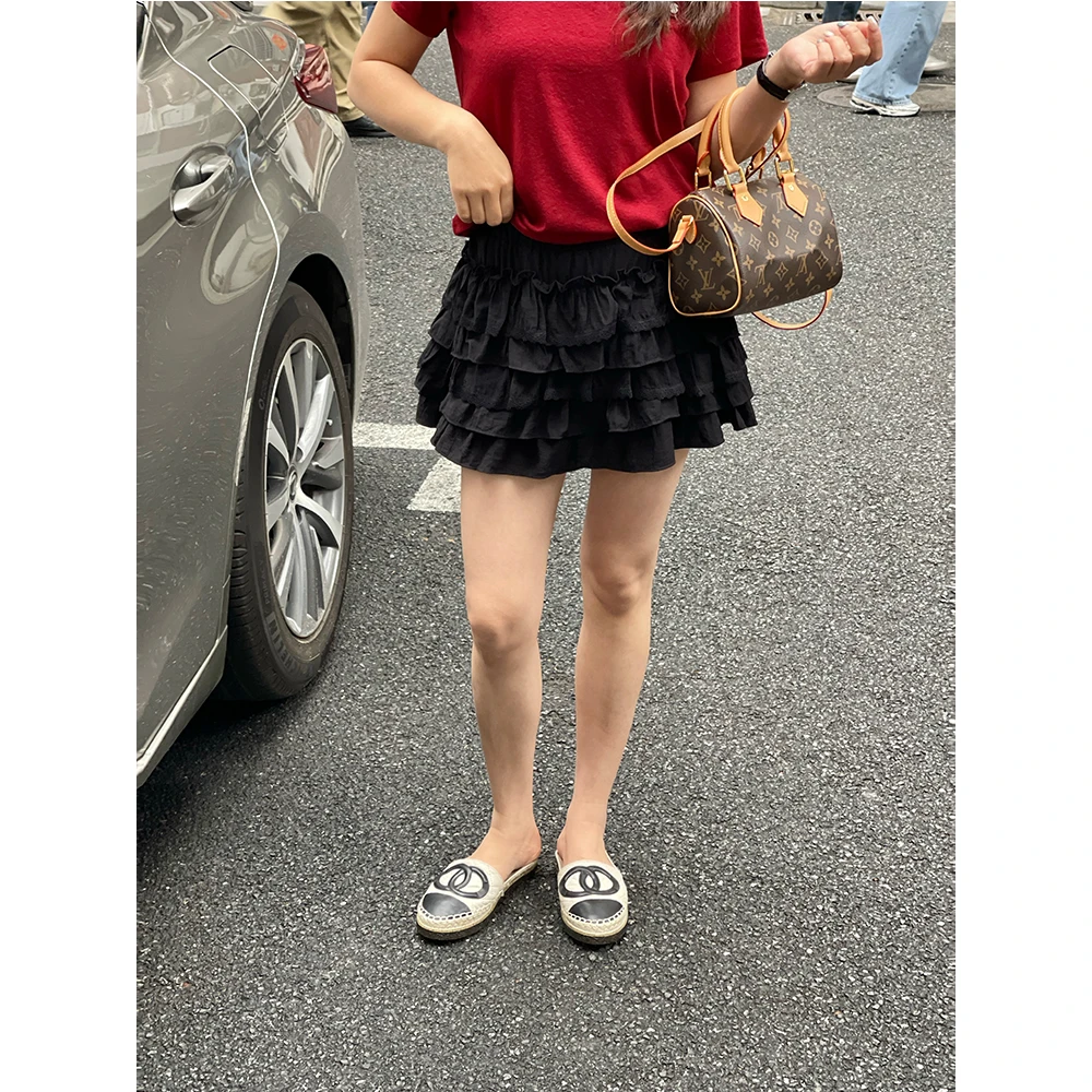 WenWen小个子2025款韩版松紧腰蕾丝花边蛋糕裤裙百搭半身短裙3713