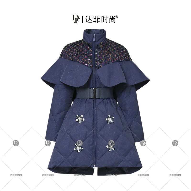 妮-冬季女装黑色立领中长款白鸭绒羽绒服加厚收腰面包服DC24979