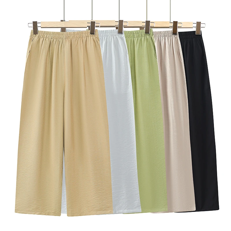 中老年妈妈装夏季宽松阔腿裤高腰深裆薄款高弹力松紧腰九分休闲裤