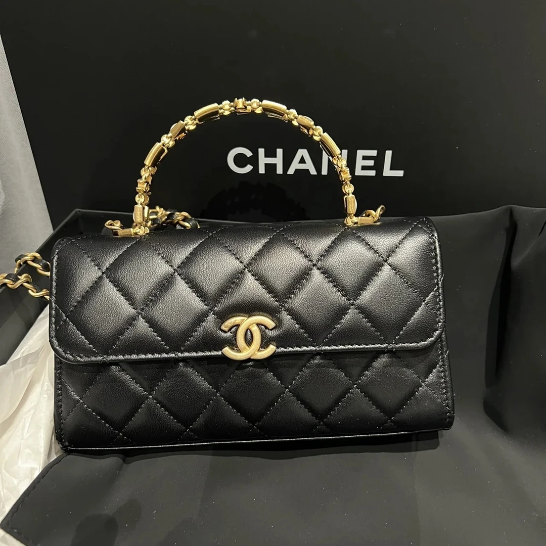 99新 Chanel/香奈儿 22b黑金珐琅手提Kelly/芯片4P1G/DT031