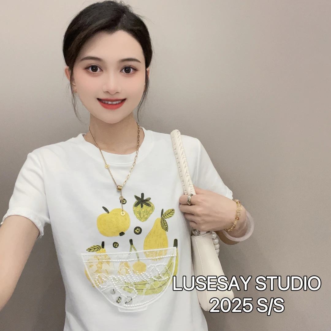 LUSESAY 2025春夏新款  个性水果印花蕾丝拼接 短袖T恤女百搭上衣