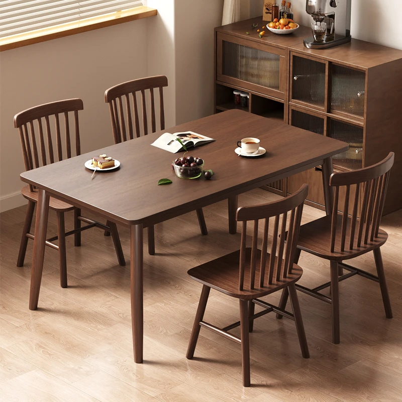 中古风餐桌小户型家用实木胡桃木吃饭桌子饭桌餐桌组合长方形实木