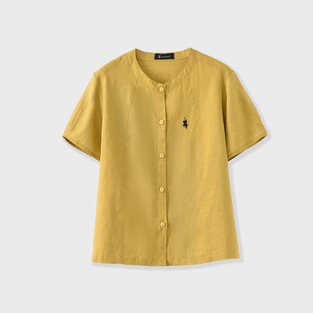 8742-天然全麻小众文艺风简约甜美圆领短袖