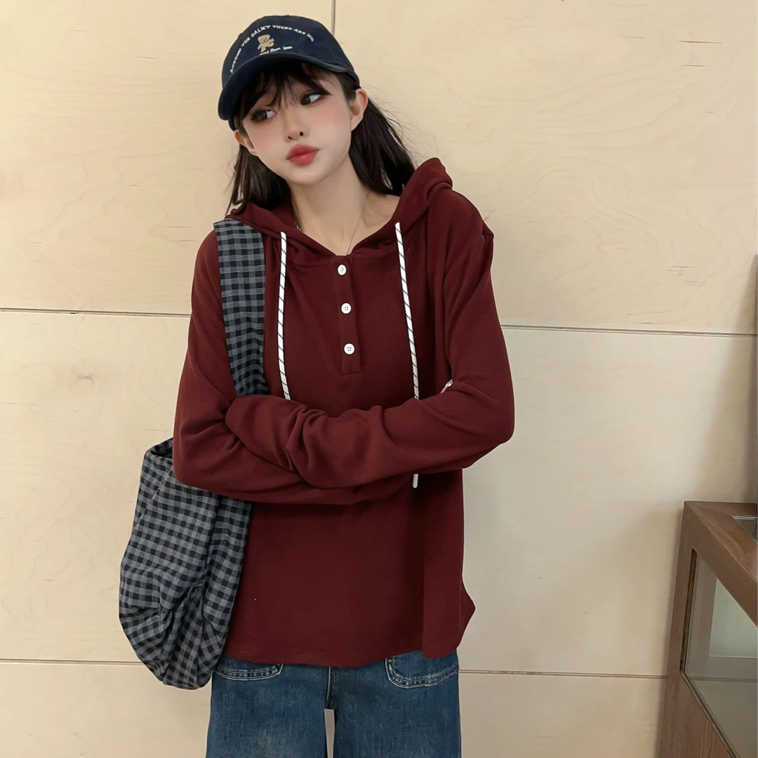 【秋冬新款】女士半开扣撞色抽绳连帽打底衫D2421