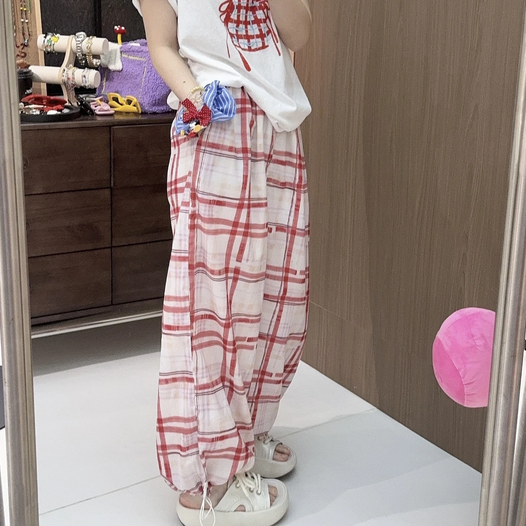 Apr.【抽象格】薄款百搭夏季格子高腰直筒宽松抽绳休闲裤子25ST415