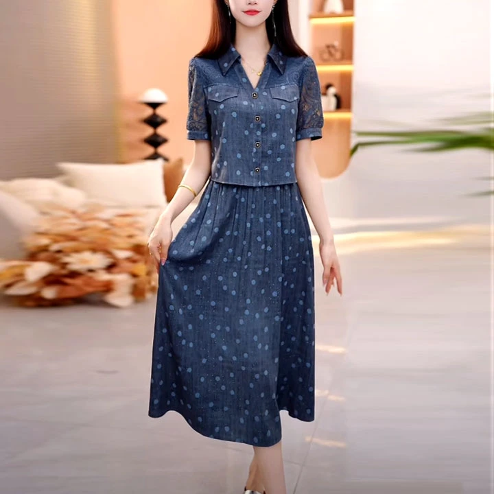 莱赛尔波点假两件连衣裙2025夏季新款修身显瘦镂空刺绣减龄裙子女