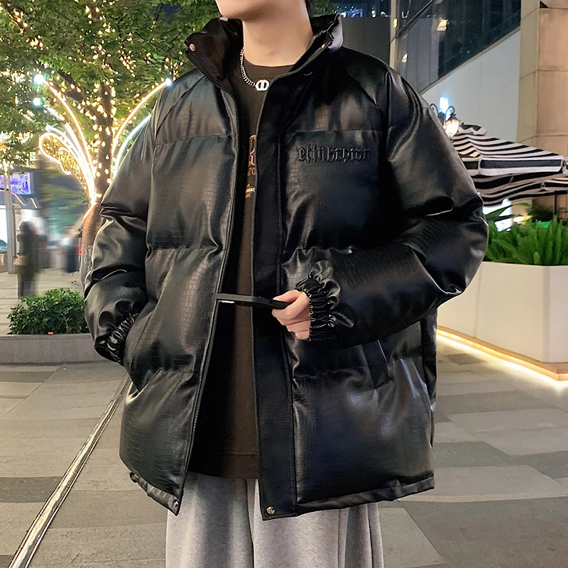 鳄鱼纹皮棉衣男士冬季保暖美式高街潮流复古情侣宽松休闲立领棉服