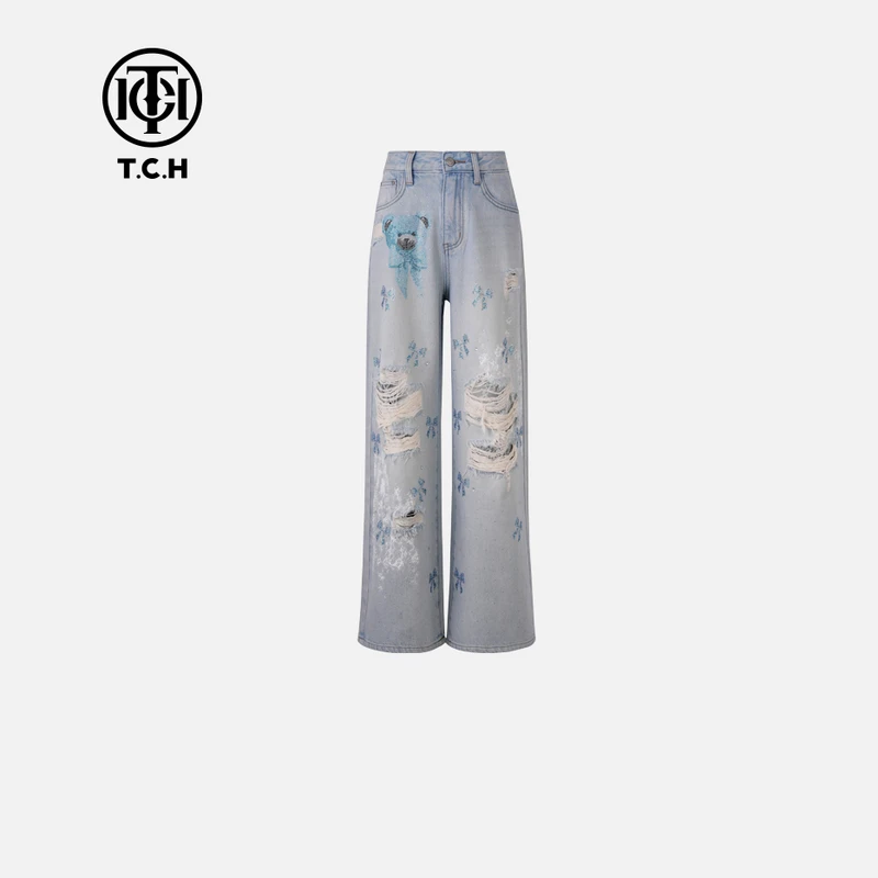 TCH现货烫钻直筒裤子破洞高级感牛仔裤女T750E5085轻奢tch