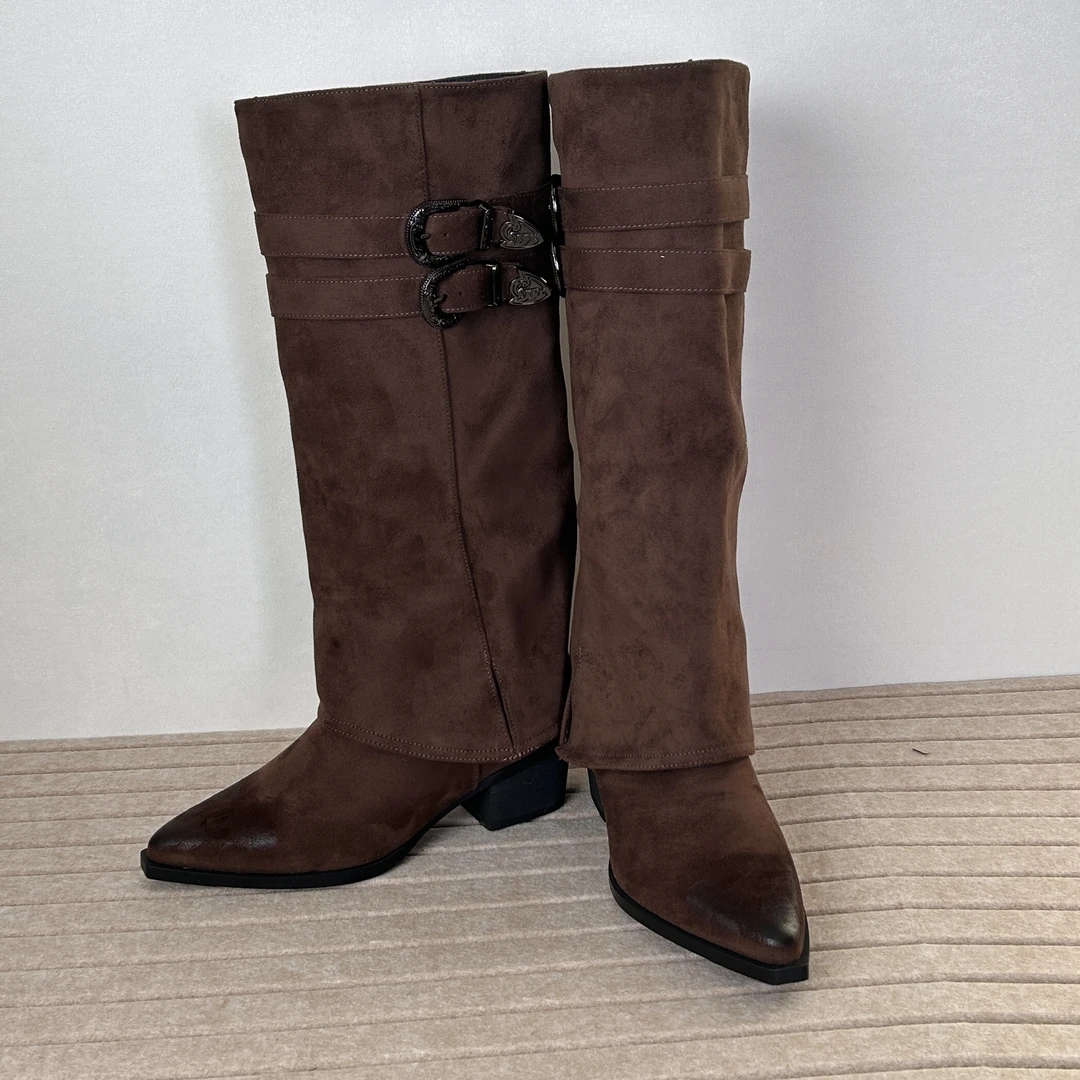 【0775】2024秋冬新款复古尖头不过膝长靴时尚裤管靴粗跟瘦瘦长筒靴