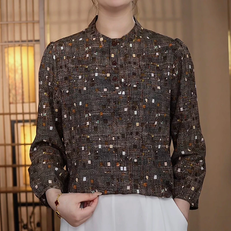 【211】2025年夏季新款立领长袖衬衫显白遮肉显瘦妈妈装