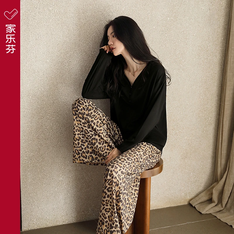 家乐芬新款睡衣女秋冬季柔软纯棉家居服长袖长裤豹纹秋天圆领套装