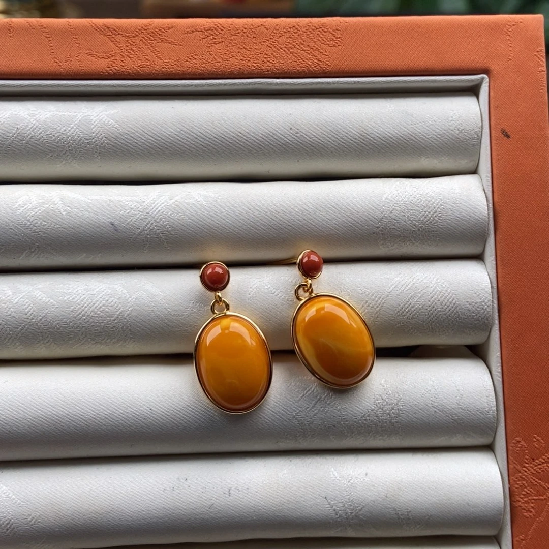 蜜蜡银S925镶嵌耳饰蜜蜡耳钉一对