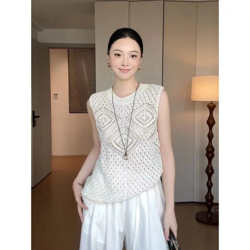 QIANYIYOU·“镂白月衫”极简波西米亚镂空钩花针织背心上衣111
