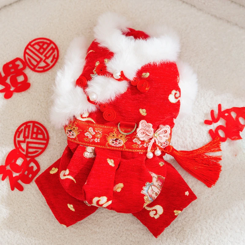 嬉皮狗秋冬新款国风蝴蝶流苏盘扣四脚宠物新年棉衣