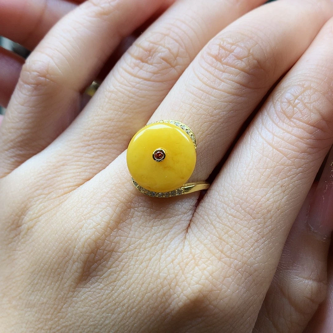 蜜蜡戒指银S925镶嵌戒指