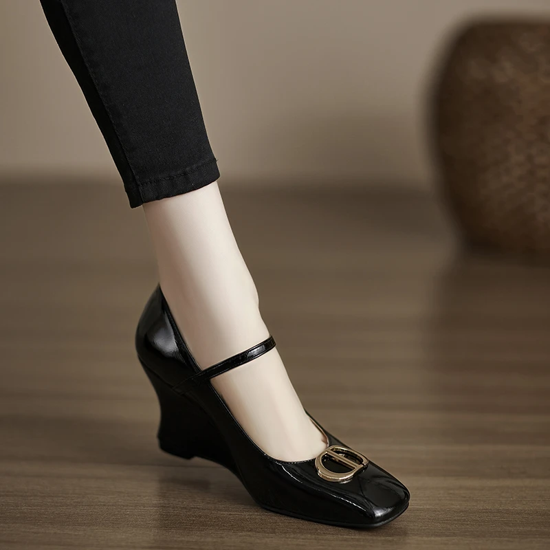 小个子手工女鞋8cm~法式玛丽珍鞋方头一字扣单鞋坡跟不累脚高跟鞋