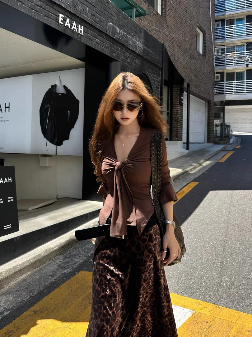 方汀FANGTING 辣妹绑带针织莫代尔长袖内搭秋设计感修身显瘦上衣