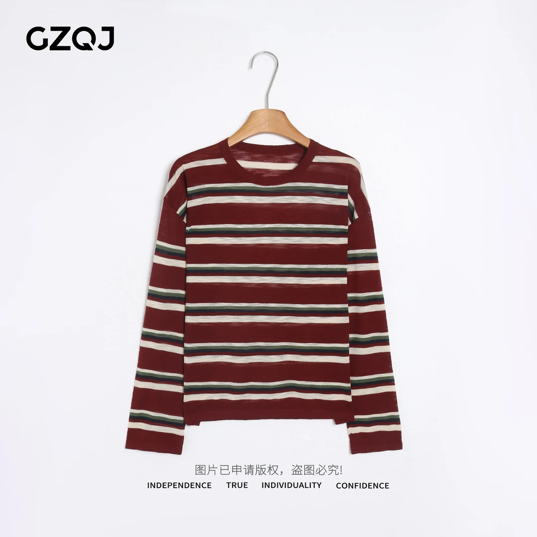 老琴私服【红棕间】欧若风时尚设计感别致条纹圆领针织衫女秋60161