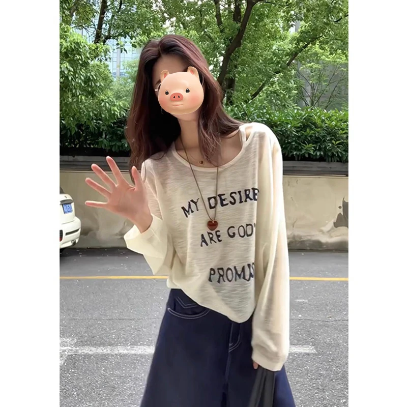 美式字母印花斜肩冰丝长袖T恤女夏季薄款外搭防晒罩衫空调衫上衣