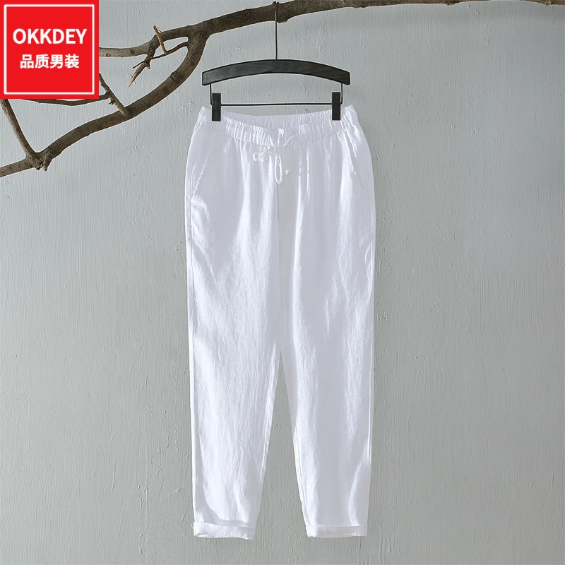 高级感男士休闲裤百搭宽松透气棉麻阔腿裤夏季薄款时尚复古九分裤